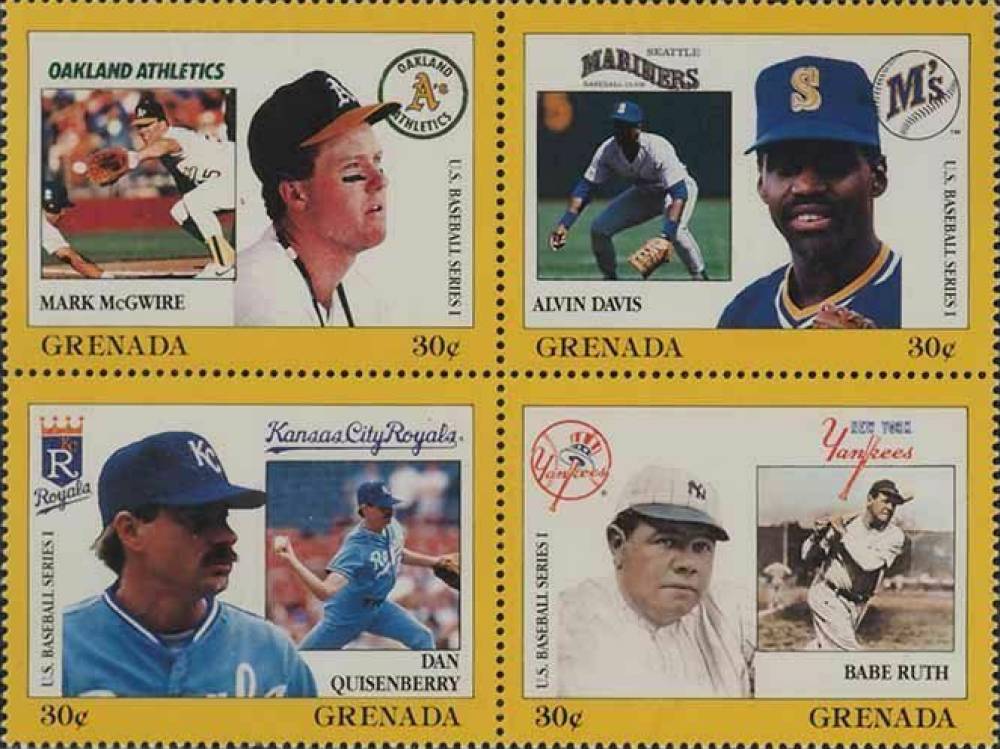 1988 Grenada Baseball Stamps Mark McGwire/Alvin Davis/Dan Quisenberry/Babe Ruth # Baseball Card