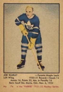 1951 Parkhurst Joe Klukay #74 Hockey Card