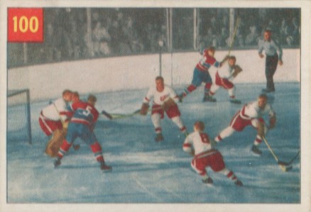 1954 Parkhurst Sawchuck Stops Boom Boom #100 Hockey Card