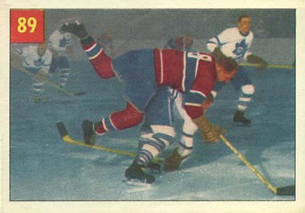 1954 Parkhurst Busher Curry Goes Up And Over #89 Hockey Card