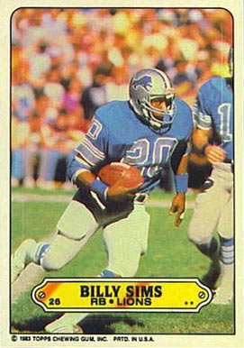 1983 Topps Stickers Insert Billy Sims #26 Football Card