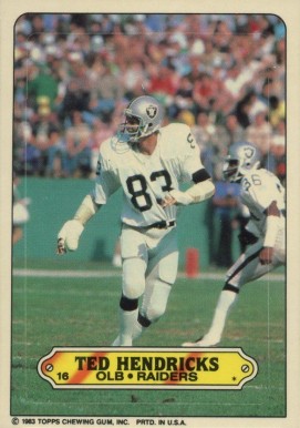 1983 Topps Stickers Insert Ted Hendricks #16 Football Card