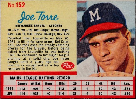 1962 Post Cereal Joe Torre #152 Baseball Card