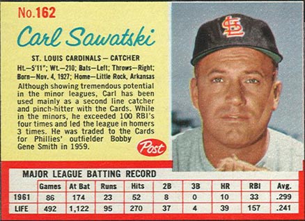 1962 Post Cereal Carl Sawatski #162 Baseball Card