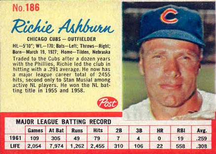 1962 Post Cereal Richie Ashburn #186 Baseball Card
