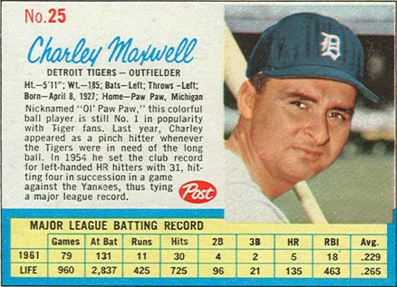 1962 Post Cereal Charley Maxwell #25 Baseball Card