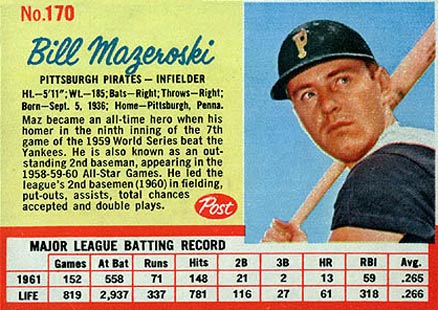 1962 Post Cereal Bill Mazeroski #170 Baseball Card