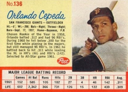 1962 Post Cereal Orlando Cepeda #136 Baseball Card