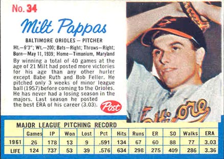 1962 Post Cereal Milt Pappas #34 Baseball Card