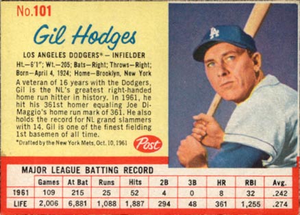 1962 Post Cereal Gil Hodges #101 Baseball Card