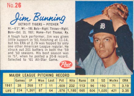 1962 Post Cereal Jim Bunning #26 Baseball Card