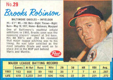 1962 Post Cereal Brooks Robinson #29 Baseball Card