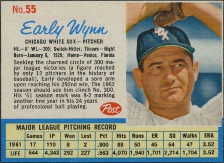 1962 Post Cereal Early Wynn #55 Baseball Card