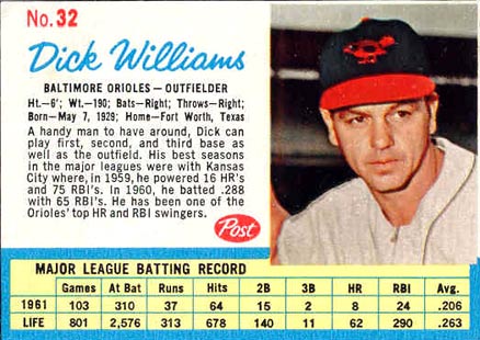 1962 Post Cereal Dick Williams #32 Baseball Card