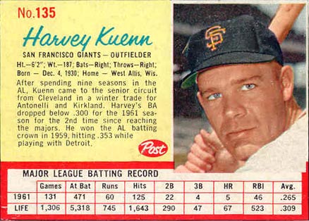 1962 Post Cereal Harvey Kuenn #135 Baseball Card
