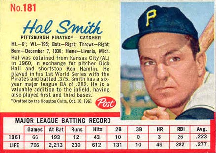 1962 Post Cereal Hal Smith #181 Baseball Card
