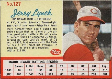 1962 Post Cereal Jerry Lynch #127 Baseball Card