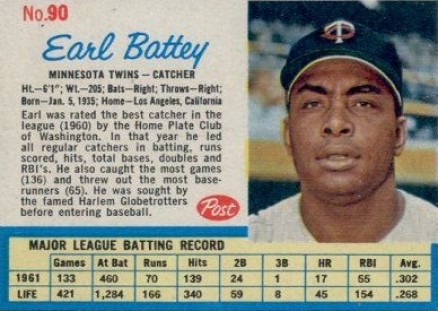 1962 Post Cereal Earl Battey #90 Baseball Card