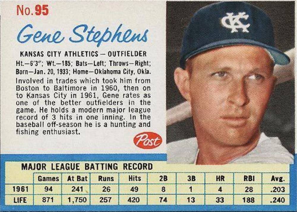 1962 Post Cereal Gene Stephens #95a Baseball Card