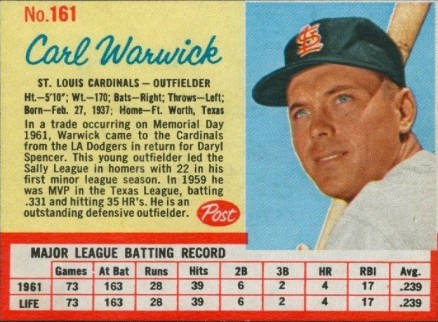 1962 Post Cereal Carl Warwick #161 Baseball Card