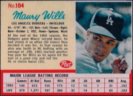 1962 Post Cereal Maury Wills #104 Baseball Card