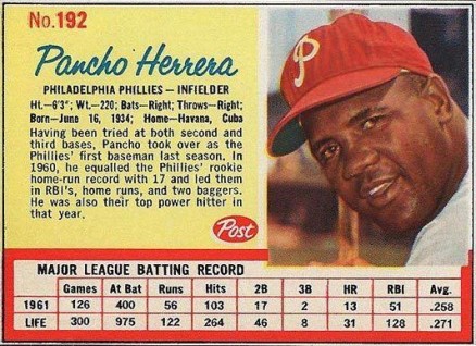 1962 Post Cereal Pancho Herrera #192 Baseball Card