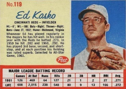 1962 Post Cereal Ed Kasko #119 Baseball Card