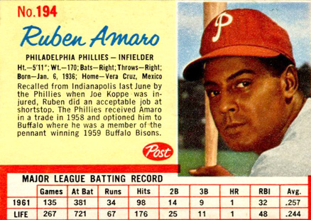 1962 Post Cereal Ruben Amaro #194 Baseball Card