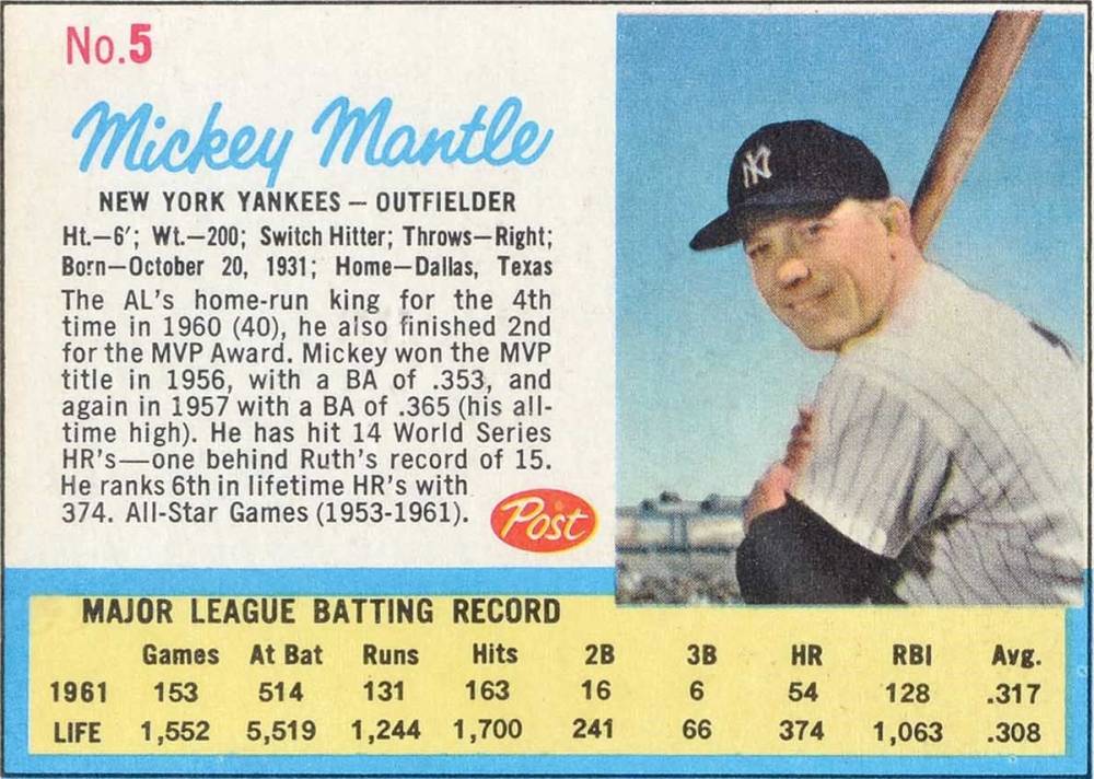 1962 Post Cereal Mickey Mantle #5a Baseball Card