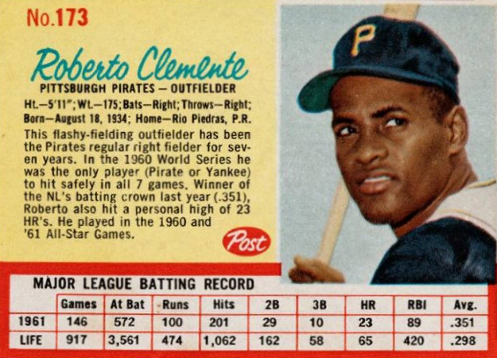 1962 Post Cereal Roberto Clemente #173a Baseball Card