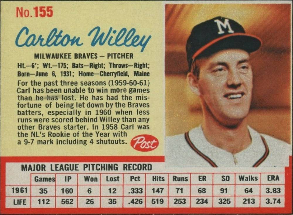 1962 Post Cereal Carlton Willey #155 Baseball Card