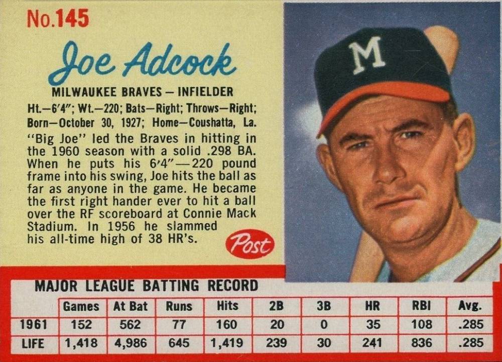 1962 Post Cereal Joe Adcock #145 Baseball Card