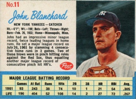 1962 Post Cereal John Blanchard #11 Baseball Card
