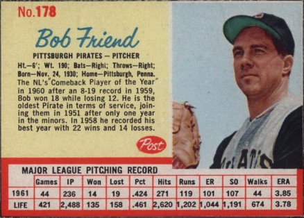 1962 Post Cereal Bob Friend #178 Baseball Card