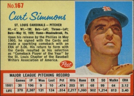 1962 Post Cereal Curt Simmons #167 Baseball Card
