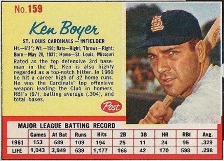 1962 Post Cereal Ken Boyer #159 Baseball Card