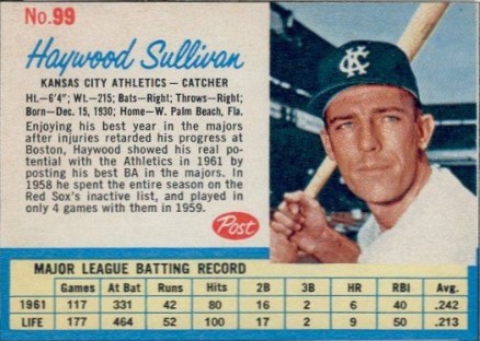 1962 Post Cereal Haywood Sullivan #99 Baseball Card