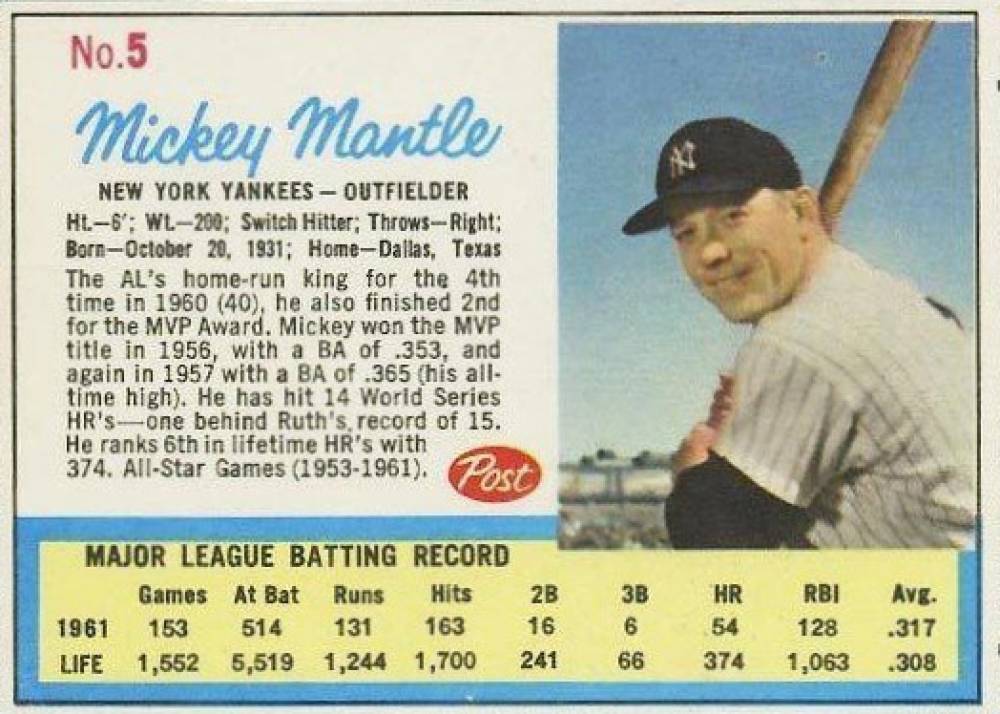 1962 Post Cereal Mickey Mantle #5b Baseball Card