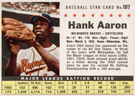 1961 Post Cereal Hank Aaron #107 Baseball Card