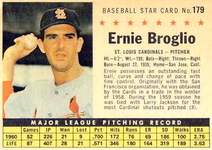 1961 Post Cereal Ernie Broglio #179 Baseball Card