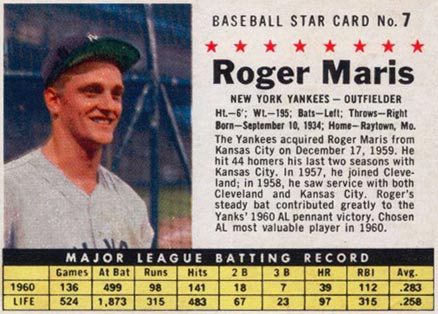 1961 Post Cereal Roger Maris #7 Baseball Card