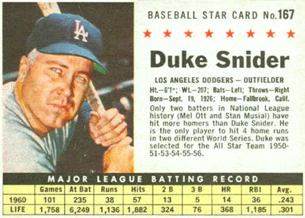 1961 Post Cereal Duke Snider #167 Baseball Card