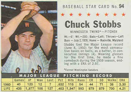 1961 Post Cereal Chuck Stobbs #94 Baseball Card