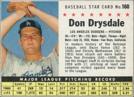 1961 Post Cereal Don Drysdale #160 Baseball Card