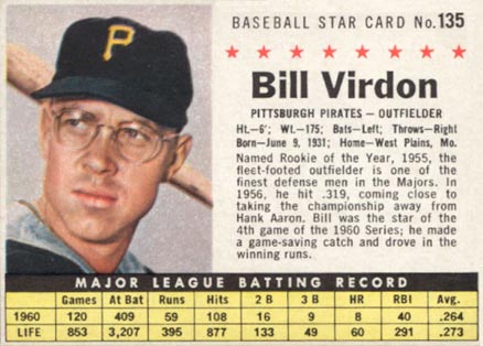 1961 Post Cereal Bill Virdon #135 Baseball Card