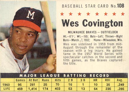 1961 Post Cereal Wes Covington #108 Baseball Card