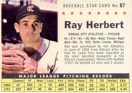 1961 Post Cereal Ray Herbert #87 Baseball Card