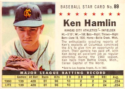 1961 Post Cereal Ken Hamlin #89 Baseball Card