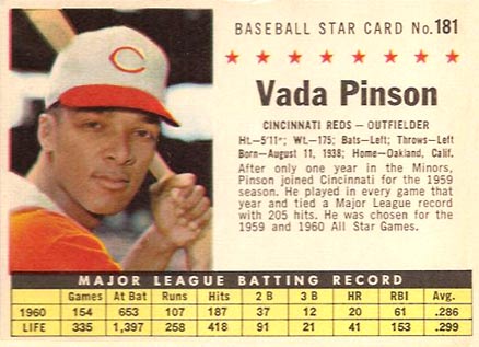 1961 Post Cereal Vada Pinson #181 Baseball Card