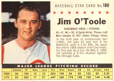 1961 Post Cereal Jim O'Toole #189 Baseball Card